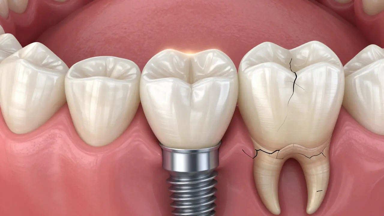 Zirconia crown on an implant with healthy bone and gum tissue surrounding it.