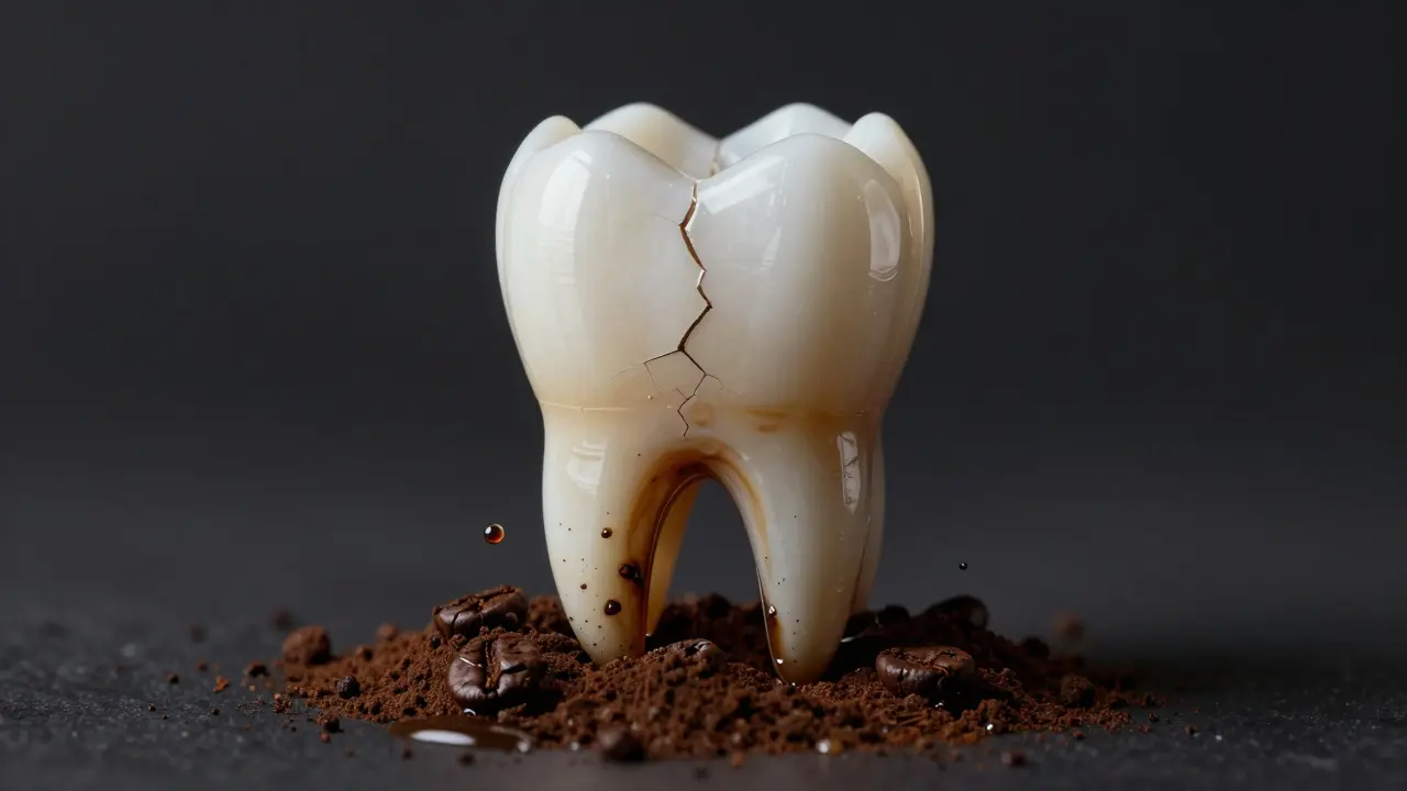 Zub se mění z čistého bílého na kávové skvrny – symbolický obraz eroze skloviny.
