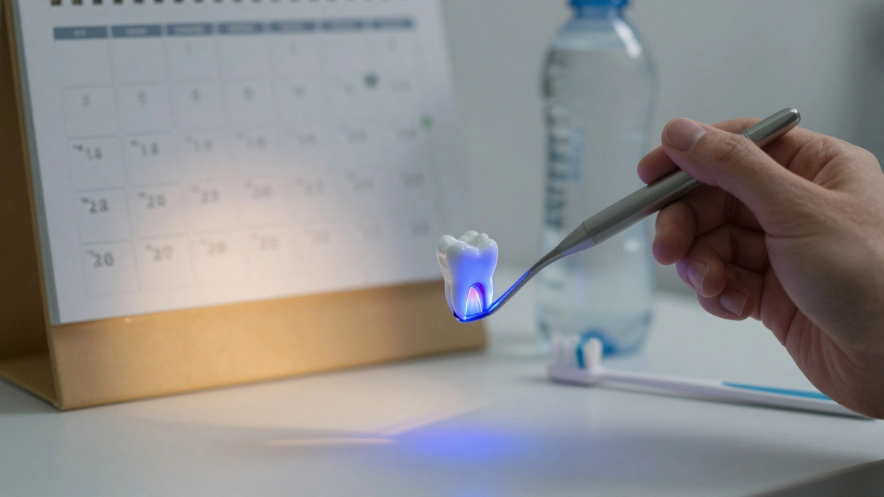 Zubař používá diagnostické světlo k detekci počínajícího kazu na zubu, na stole voda a mezizubní kartáček.