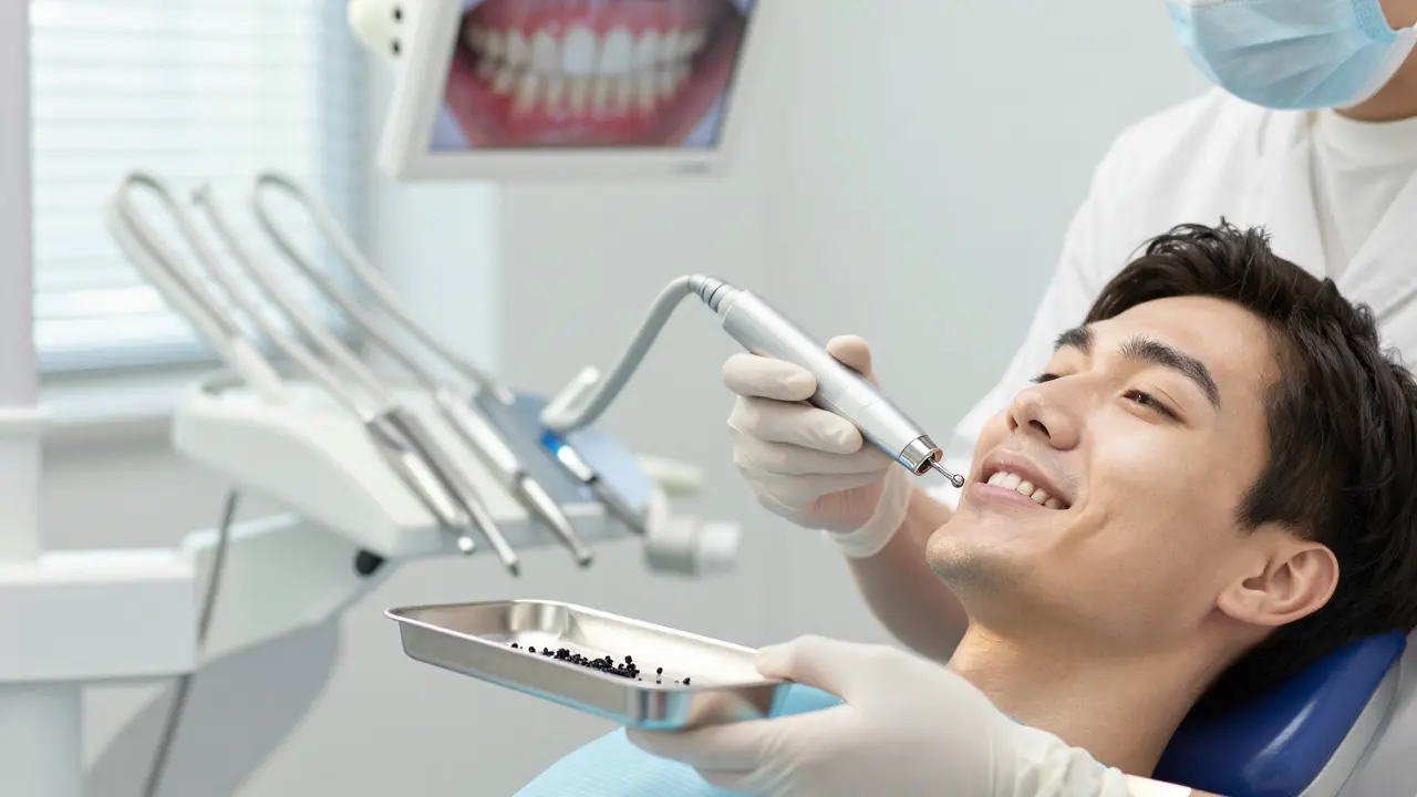 Zubní lékař odstraňuje černý kámen zubním skalerem v čisté ordinaci.