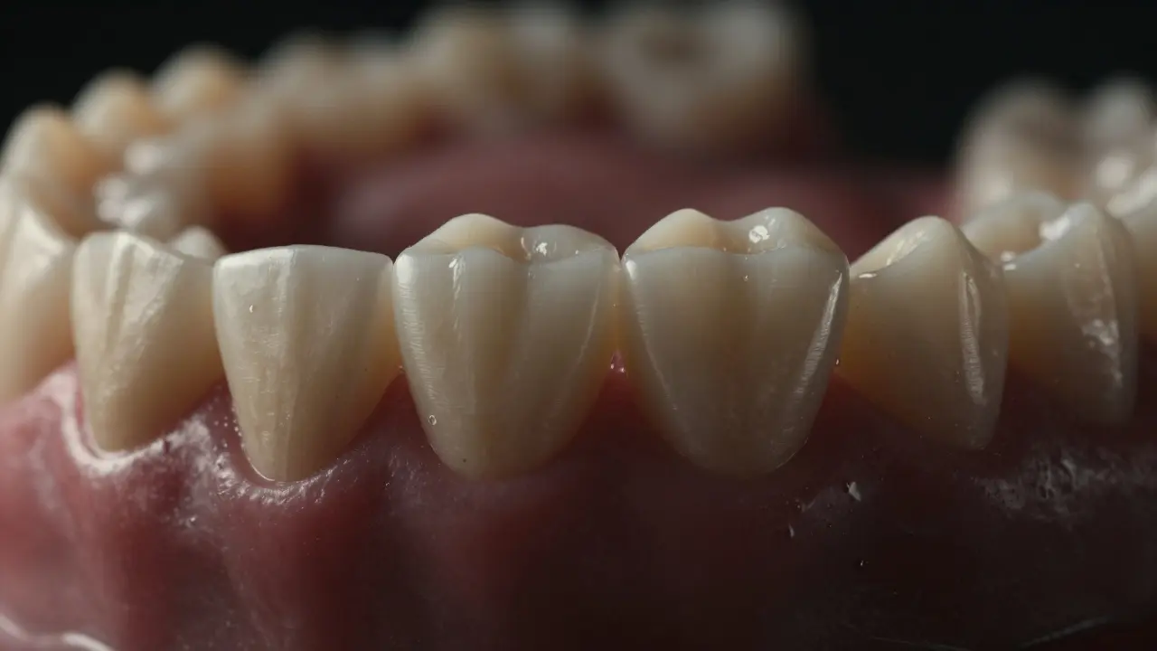 Zubní most upevněný na dvou korunkách, s posunutými sousedními zuby.