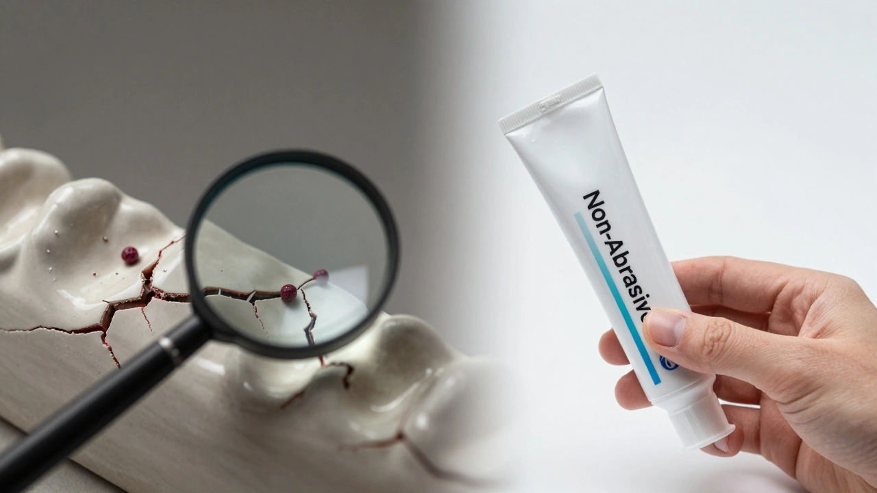 Zvětšený pohled na mikrotrhliny v keramické onlay s bakteriemi, vedle bezabrazivní pasta.