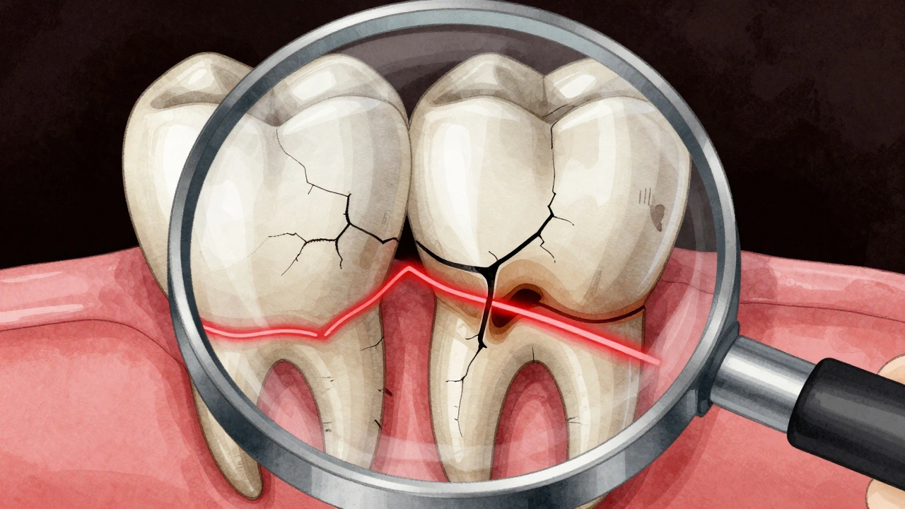 Zvětšený pohled na trhlinu v zubu s vnikajícími barvivy a infekčními cestami.