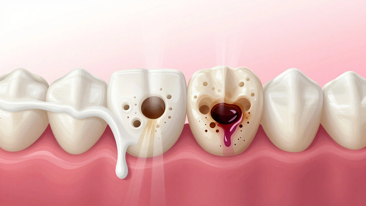 Zvětšený pohled na zubní sklovitinku s otevřenými póry, do kterých vstřebávají barviva.