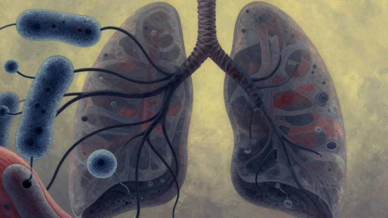 Bakterie cestující z úst do plic, znázorněné jako tmavé výběžky v dechových cestách.