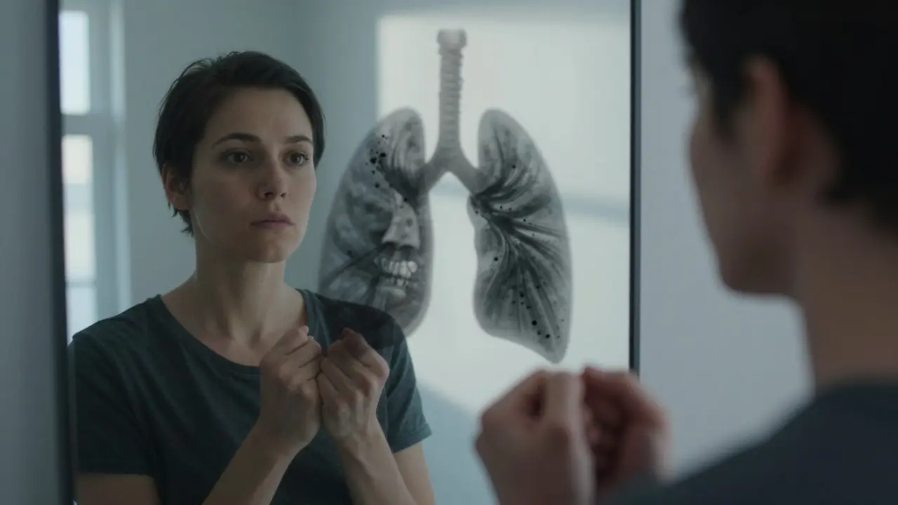 Člověk v zrcadle, jehož odraz ukazuje černé částice v plicích.