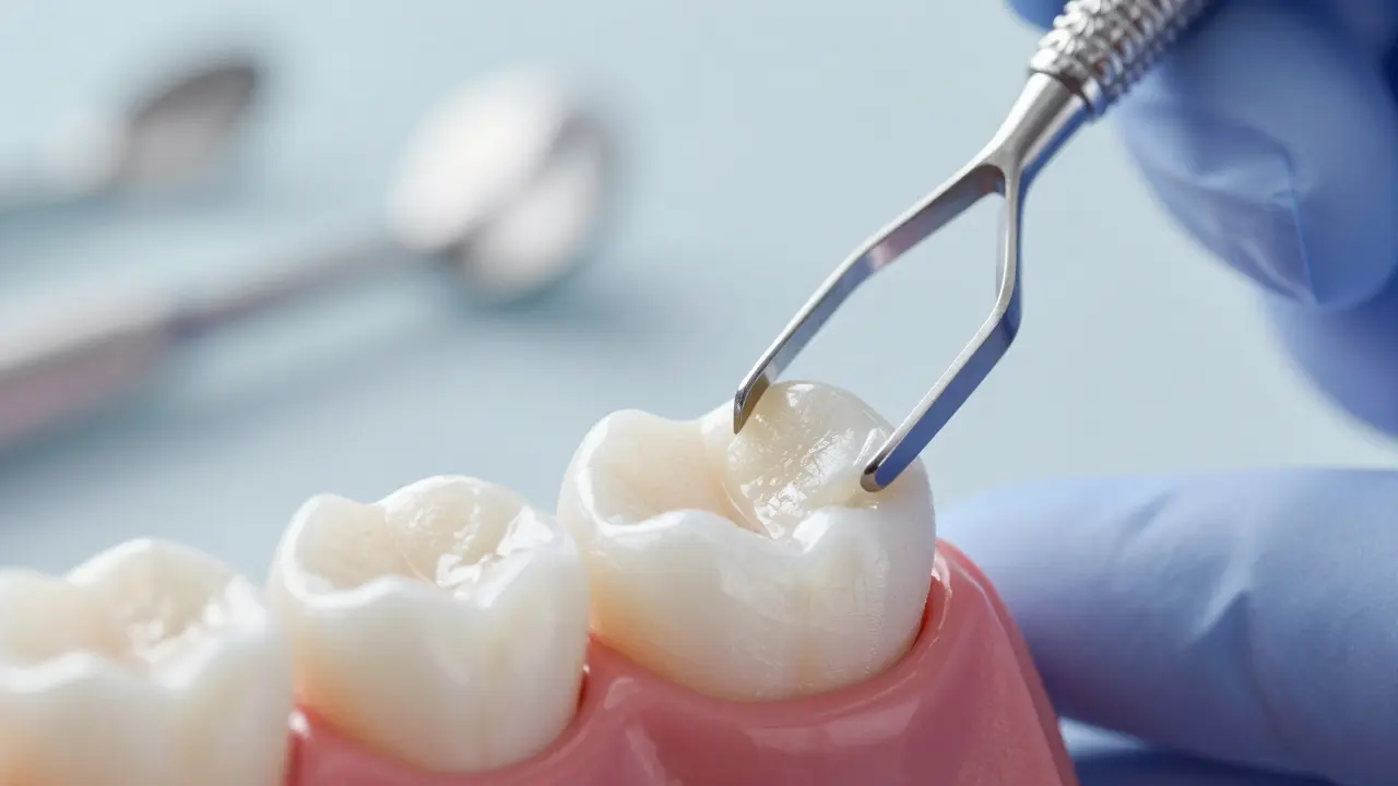 Dentist carefully removing a composite veneer to reveal the healthy natural tooth beneath.