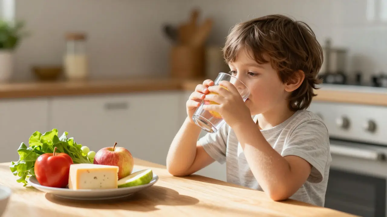 Dítě pije vodu a jí jablko v kuchyni, zdravá strava je vidět na talíři.