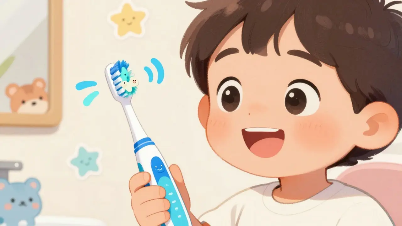 Dítě se směje, drží barevný sonický kartáček, kolem něj jsou kreslené vlny a smajlíci.