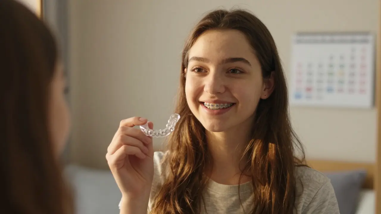 Dívka drží průhledný retainer před zrcadlem po ukončení ortodontické léčby.