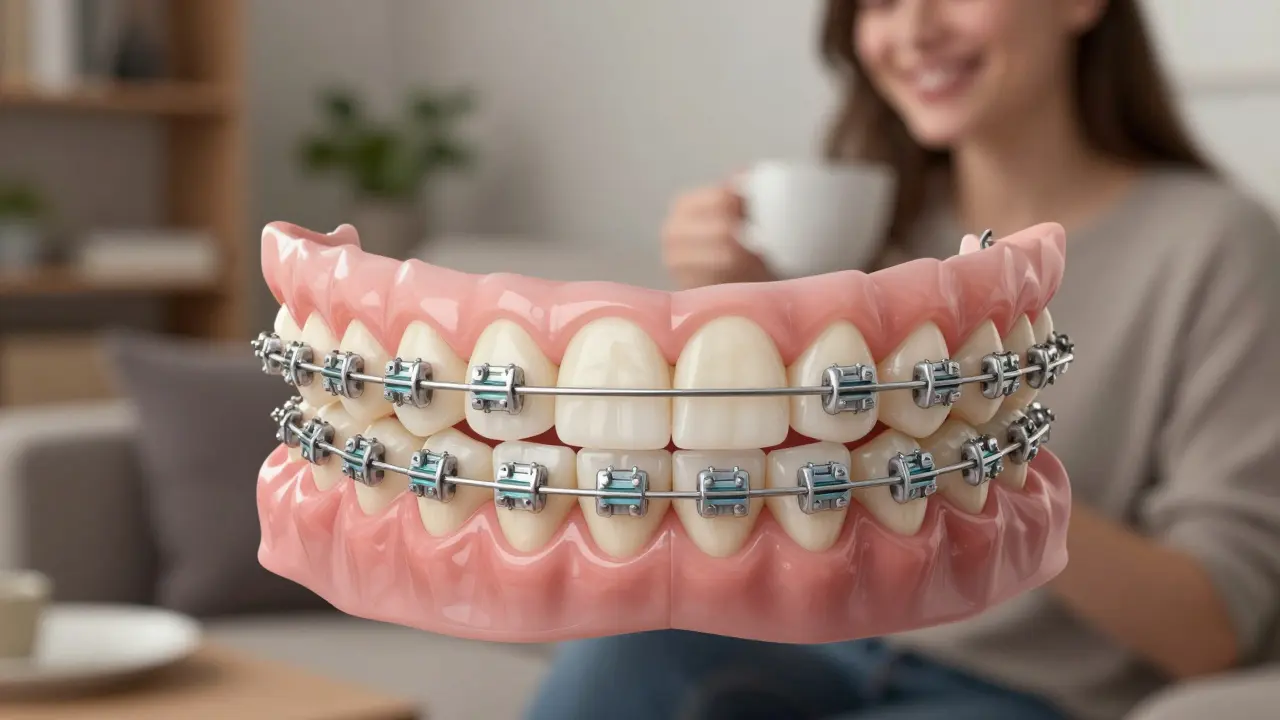 Dospělá osoba s keramickými rovnátky, která se směje v moderním bytě.