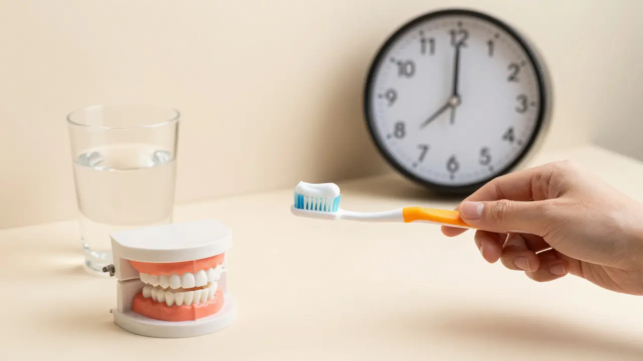 Důkladné čištění zubů ve dne s vodou a časem jako symbol zdravého spánku