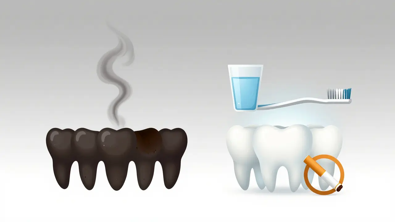 Dva paralelní scénáře: tmavé zuby s kouřem a kávou vs. bílé zuby s přirozenými zdravými zvyky.
