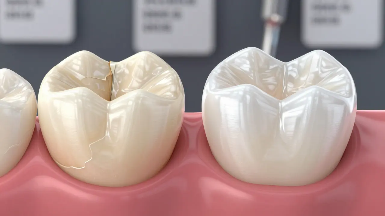 Dvě možnosti opravy předního zubu: špatná kompozitní výplň a kvalitní keramická korunka vedle sebe.