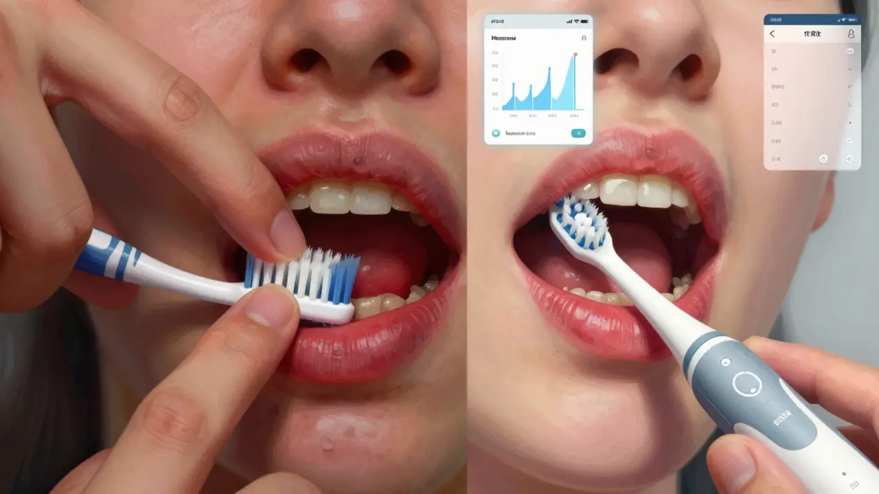 Dvě strany: levá s poškozenými dásněmi a ručním kartáčkem, pravá se zdravými dásněmi a sonickým kartáčkem.