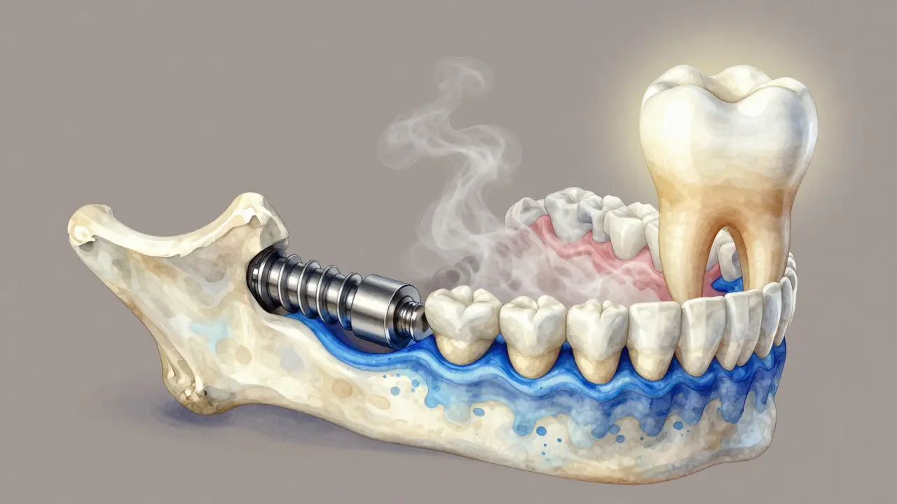 Ilustrace čelisti s implantátem, který se integruje do kosti, zatímco protéza mizí.