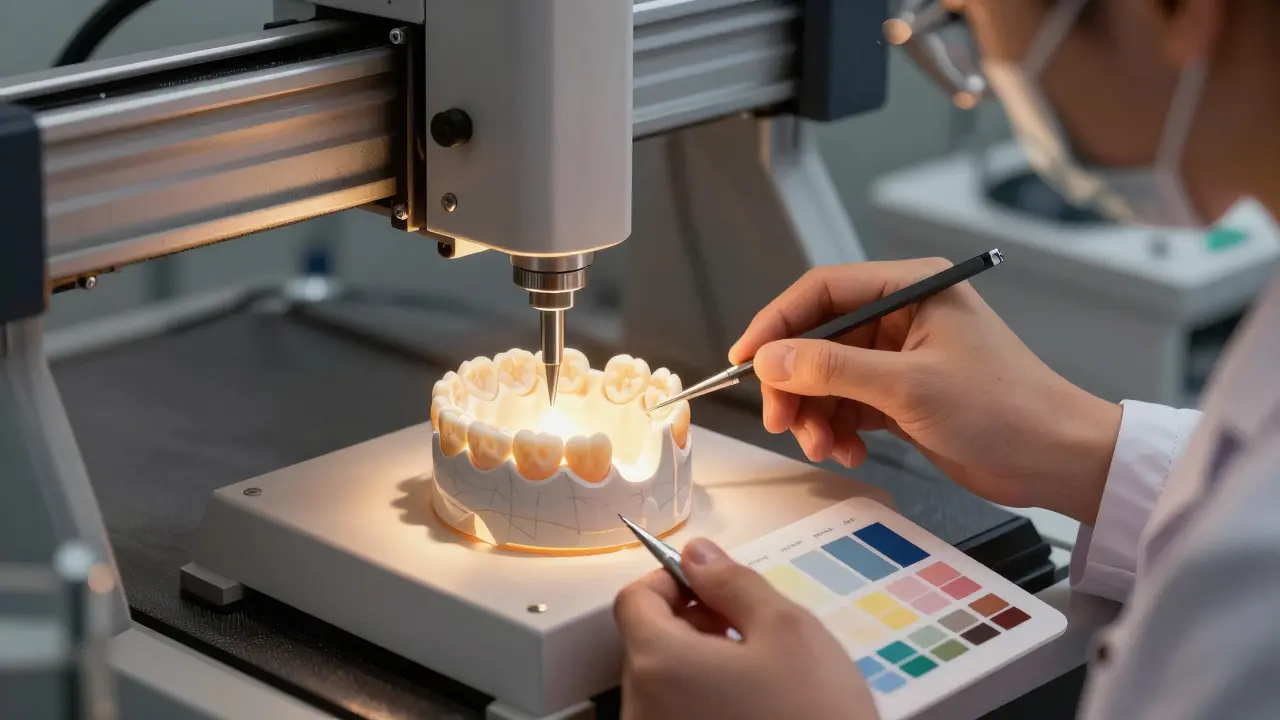 Keramická korunka je frézována v zubní laboratoři z přechytného materiálu.