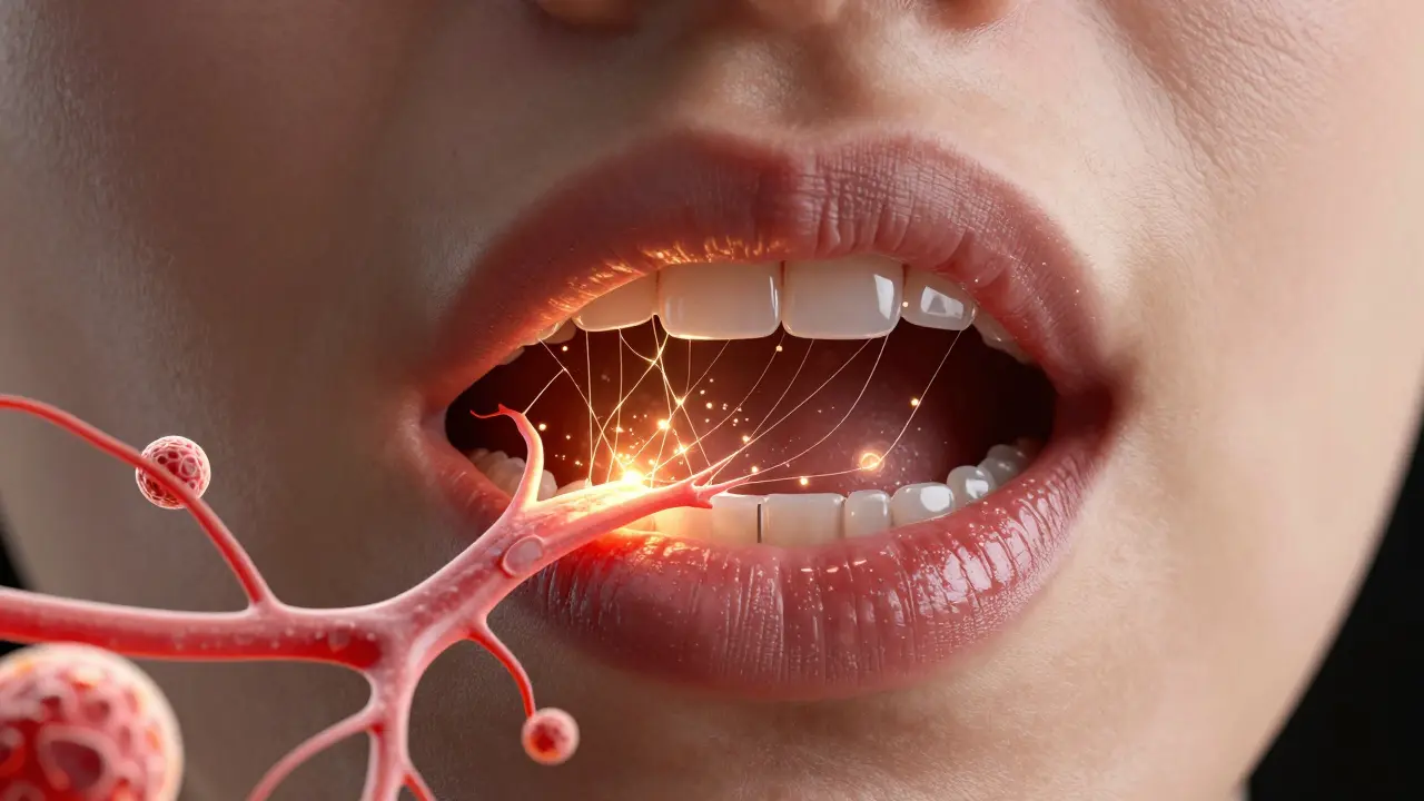 Koncepční obrázek rozpadajících se vnitřních stehů v ústech s regenerujícími tkáněmi a krevními cévami.