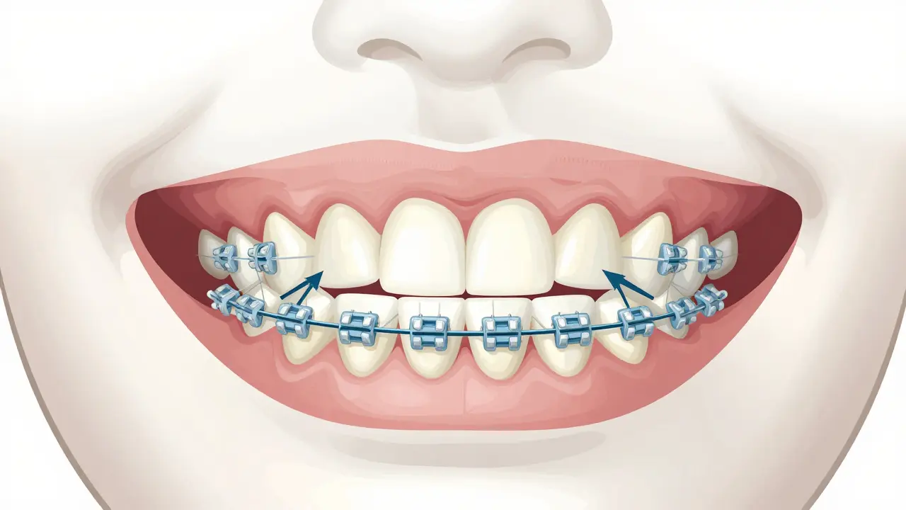 Křížový řez čelisti s rovnátky opravujícími předkus, se směrovými šipkami.