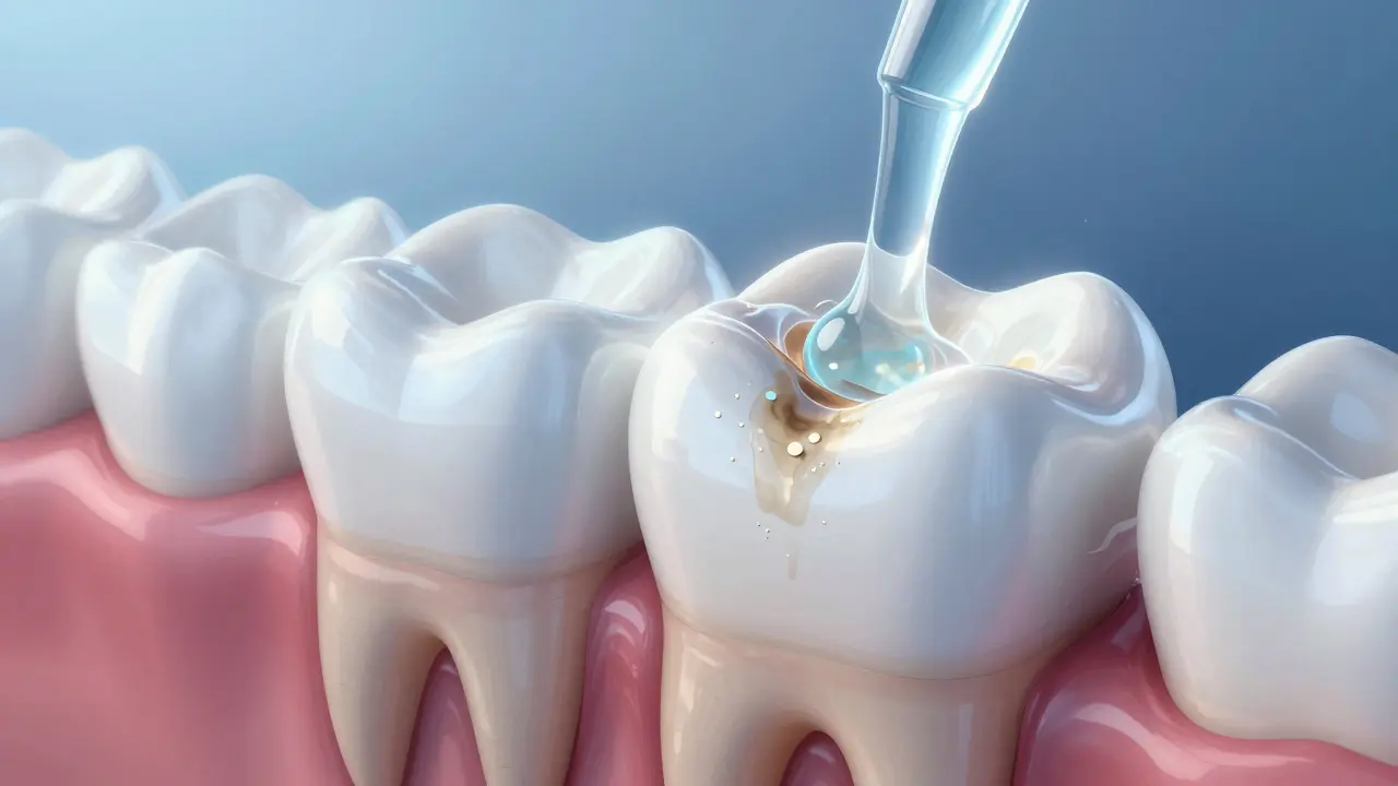 Křížový řez zubu s gelovou látkou pronikající do skloviny a chránícími molekulami.