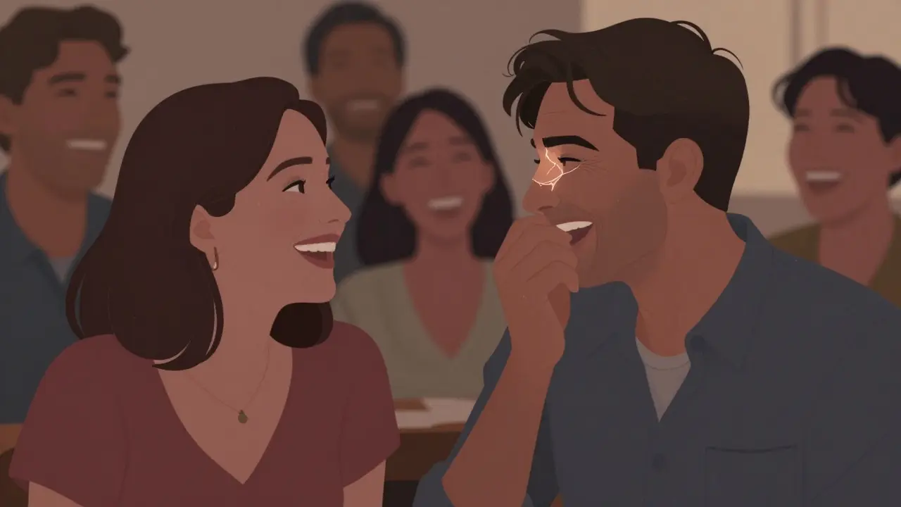 Muž zakrývá ústa rukou při smíchání na večírku, zatímco ostatní se smějí volně.