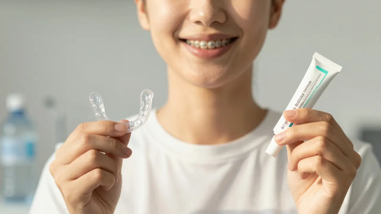 Osoba po odstranění rovnátek drží retenci a fluoridový gél, směje se se zdravými zuby.