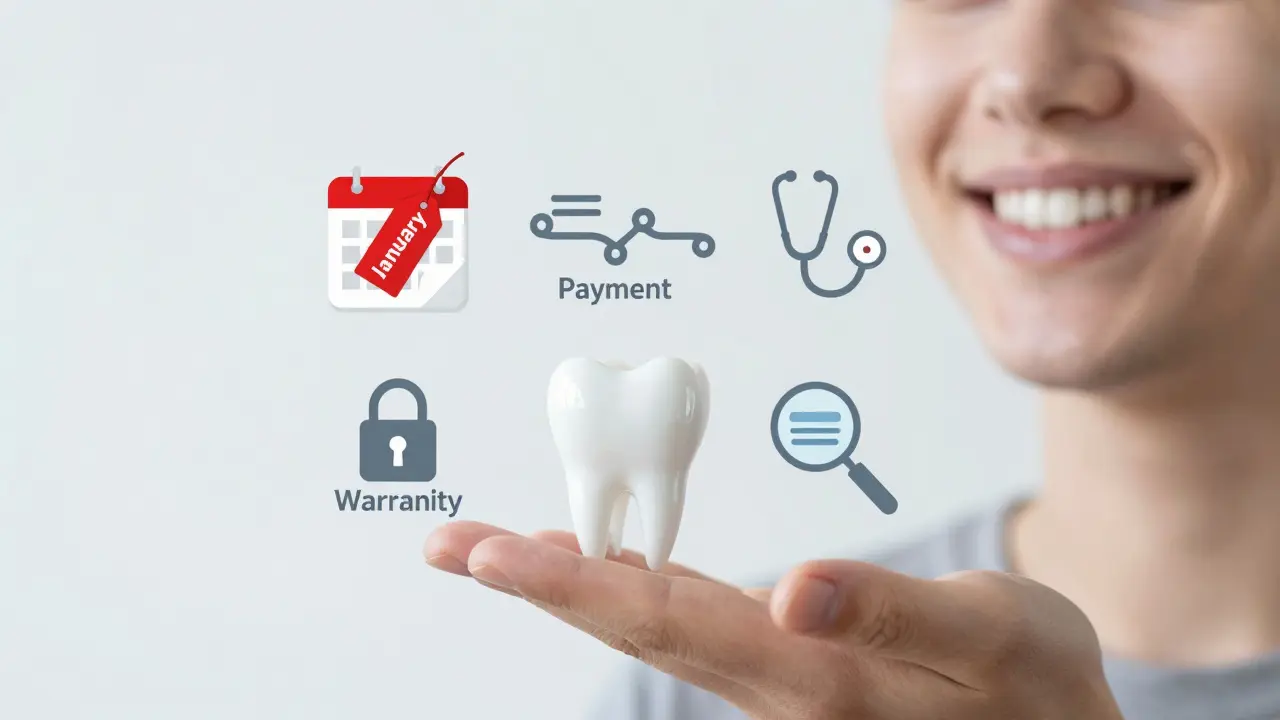 Osoba se usmívá s perfektním zubem, kolem ní visí ikony úspor: sleva, splátky, bezplatná diagnóza a záruka.