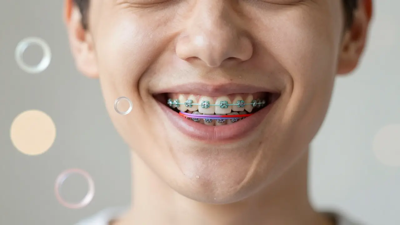 Osoba se zubními rovnátky a barevnou gumičkou, symbolizující úspěšnou léčbu.