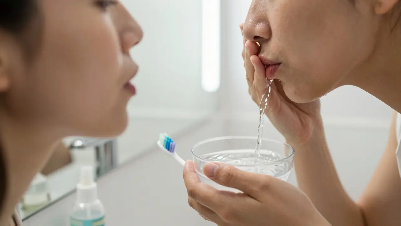 Pacient plácnutí solným roztokem po zubní operaci, klidná scéna v koupelně s mírným otokem.