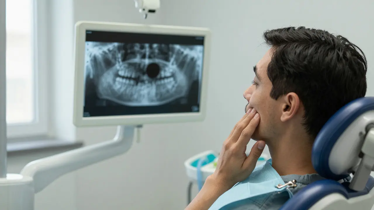 Pacient s otokem tváře a panoramatickým rentgenem ukazujícím zánět kosti kolem zubu.