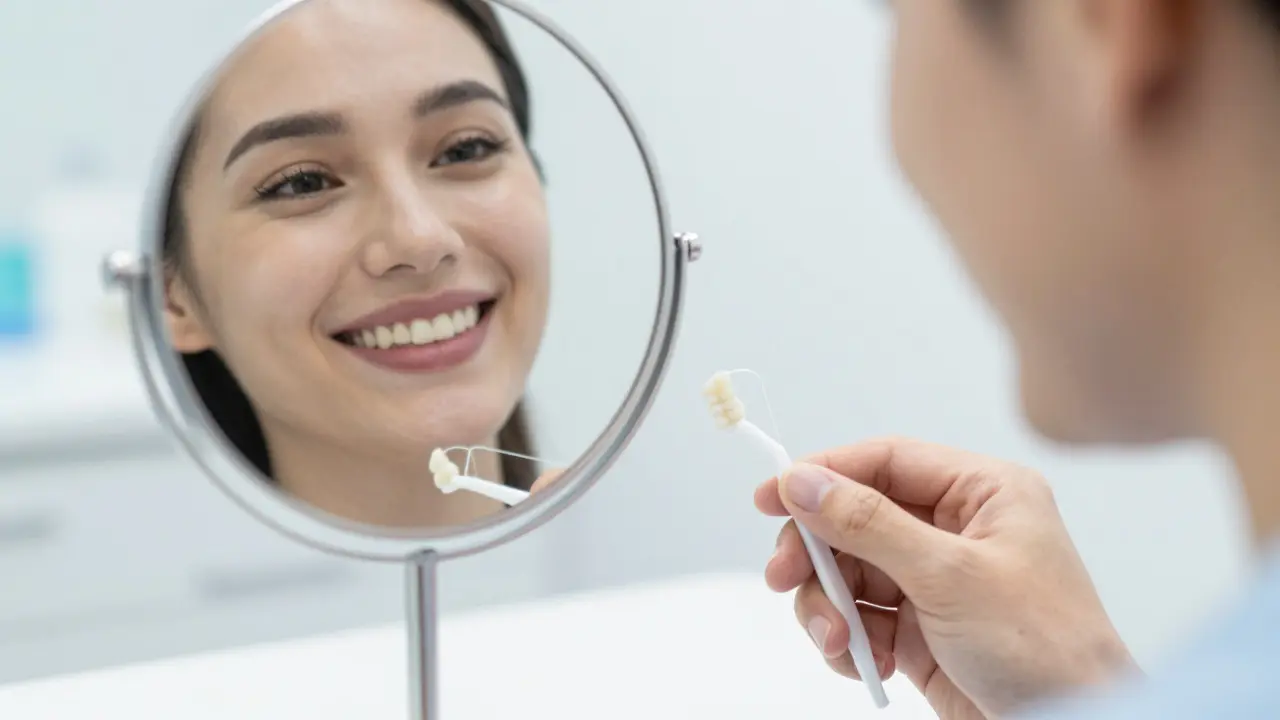 Pacientka se usmívá v zrcadle s přirozeně vypadajícím zubním můstkem.