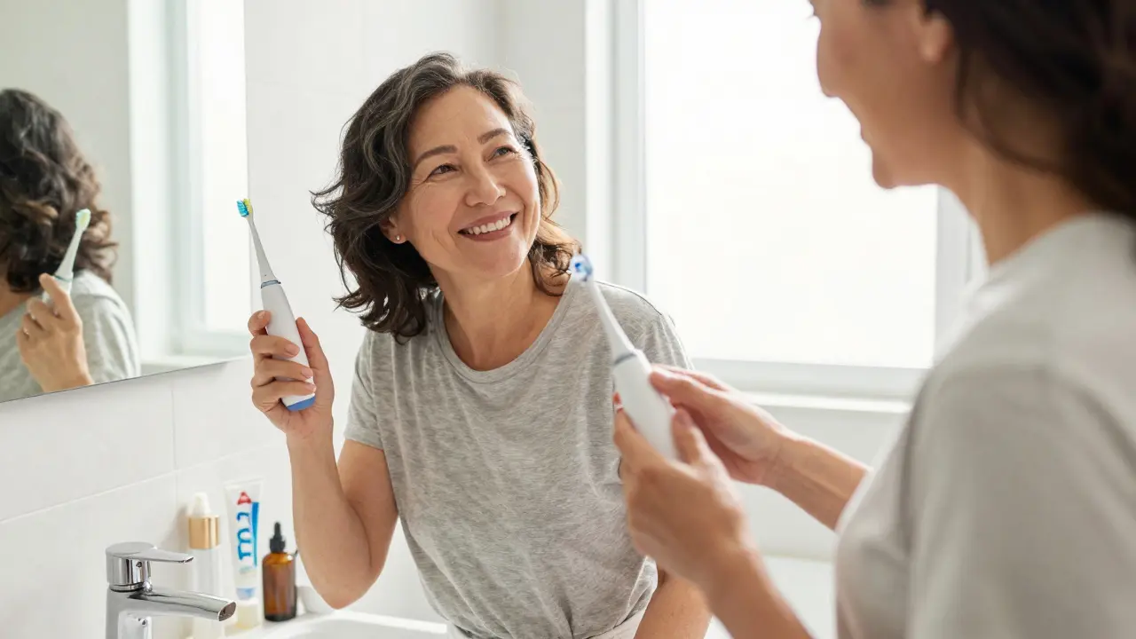 Pár používající ultrazvukové čističe zubů v koupelně s přírodním osvětlením