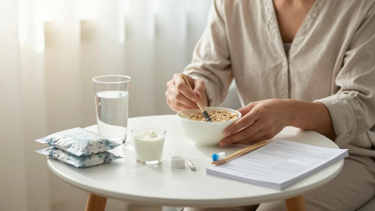 Patient preparing at home with soft foods, ice packs, and hygiene supplies for implant procedure.