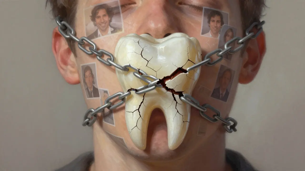 Prasklina na zubu se mění v síť, která obklopuje obličej, symbolizující sociální izolaci.