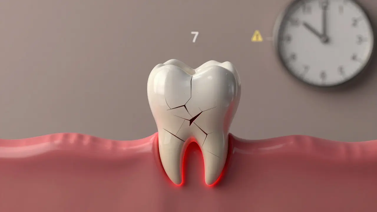 Prasklý zub s viditelnými trhlinami a časovou osou bolesti.