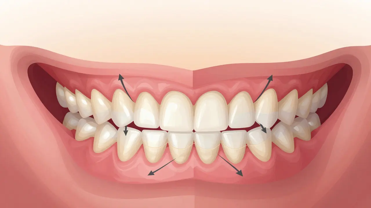 Příčný řez čelistí s gumičkami napínajícími horní a dolní zuby.