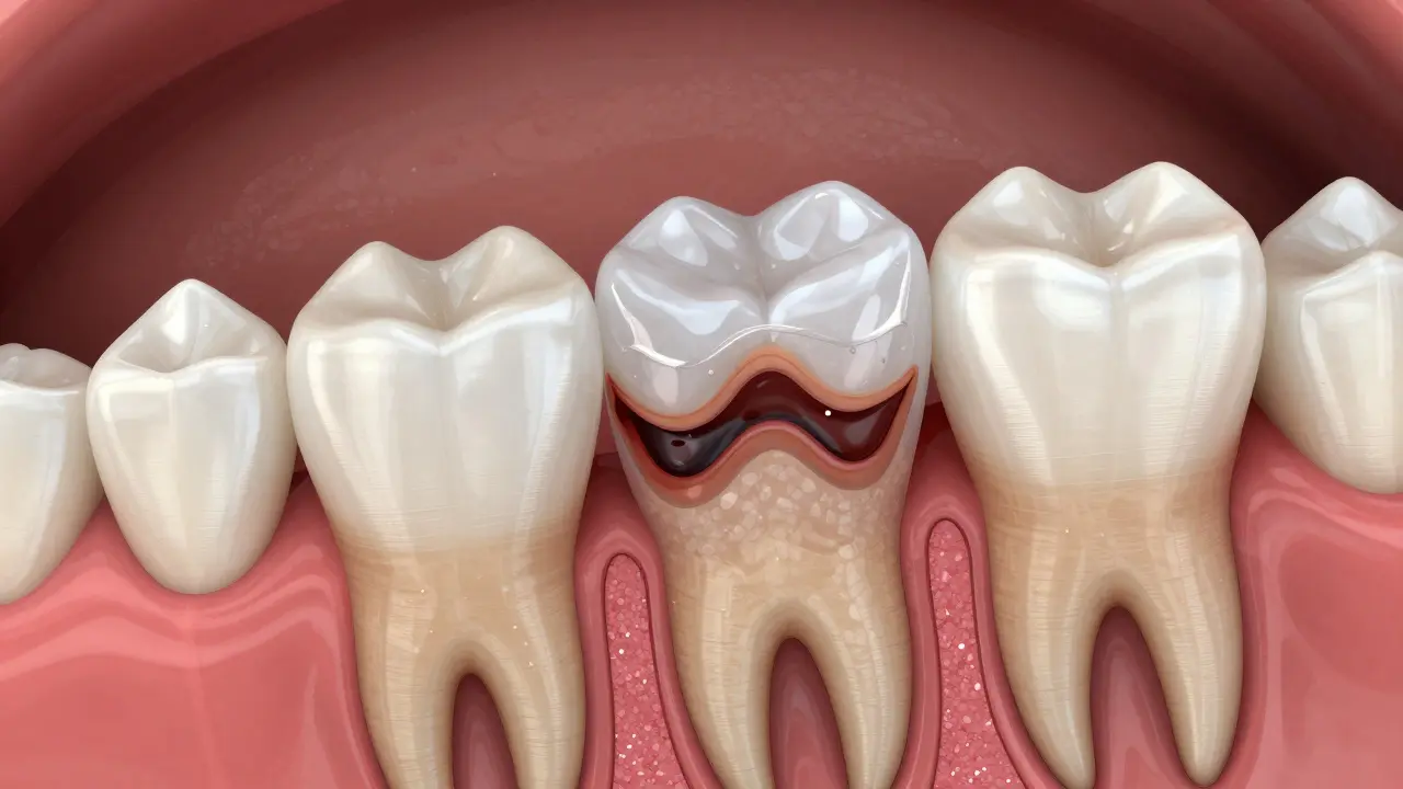 Příčný řez zubem s kompozitní výplní spojenou se zdravou sklovinou.