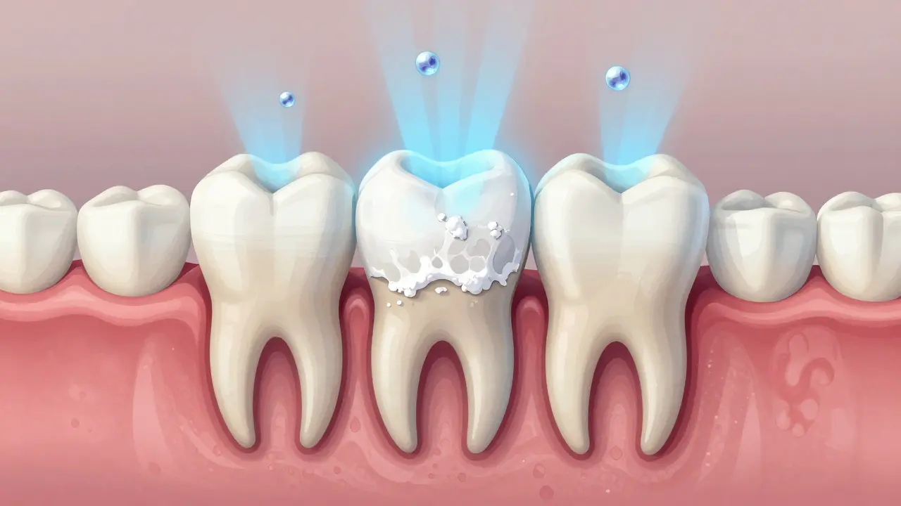 Příčný řez zubu s demineralizací emalu a fluoridovými ionty, které obnovují zubní tkáň.