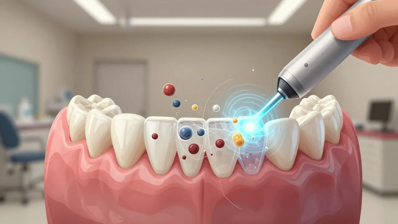 Průhledná čelist s rozpadajícím se zubním kamenem pod vlivem ultrazvuku