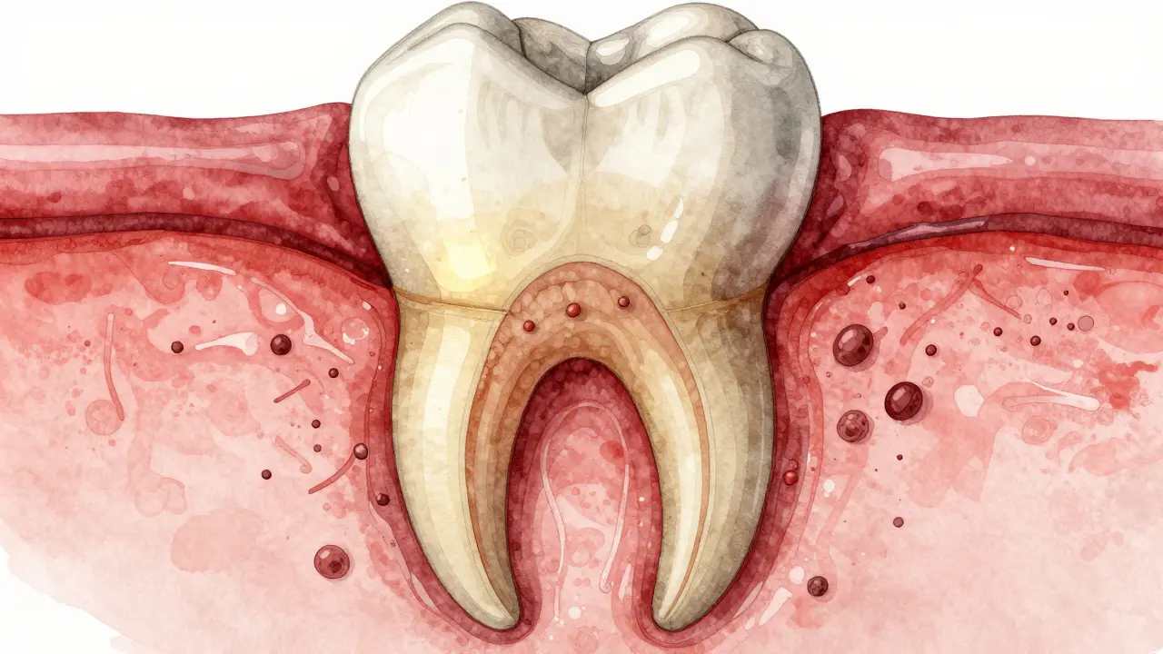 Průřez zubu s infikovanými kanály a zánětem okolní tkáně.