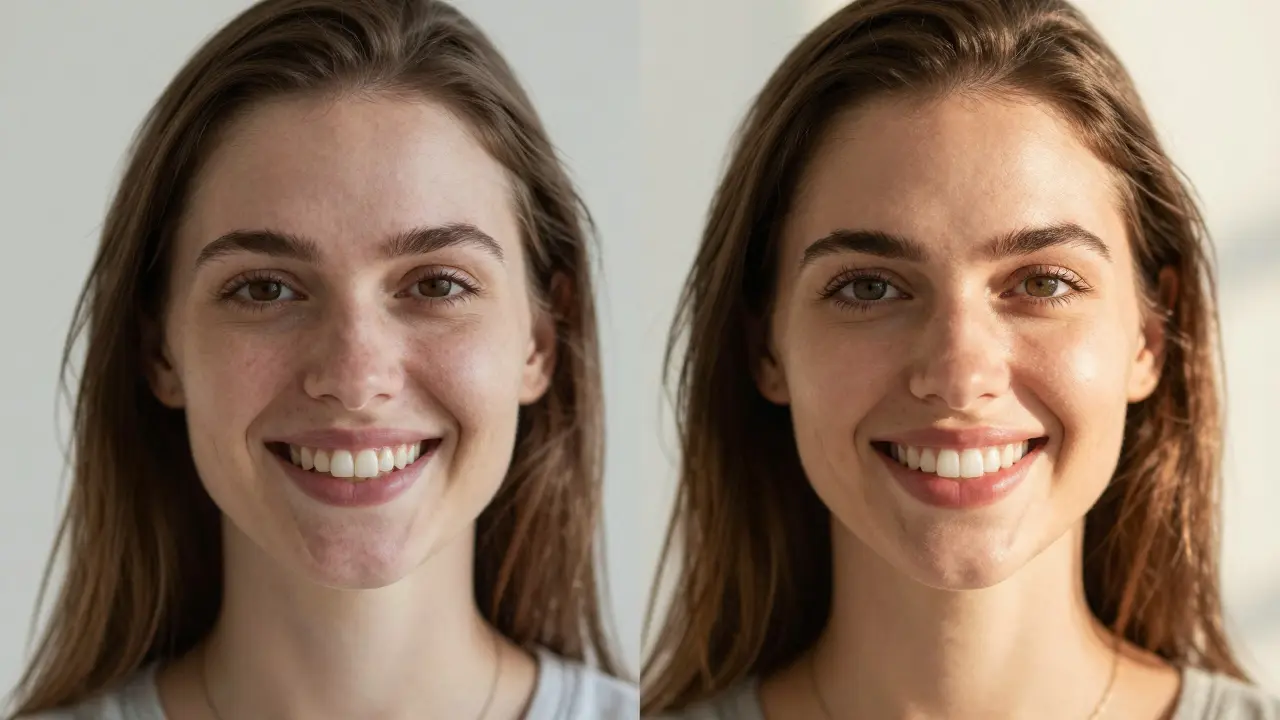 Rozdíl mezi před a po: zbarvené zuby vs. dokonalý úsměv s fazetami.