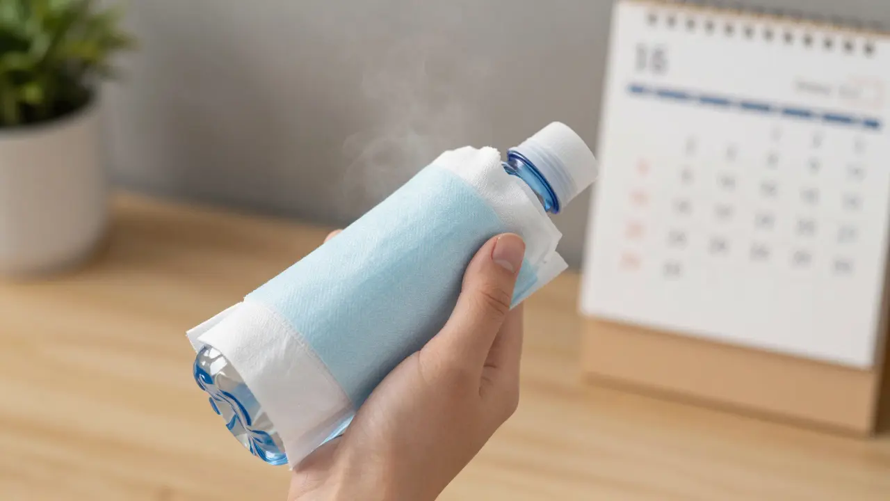 Ruka drží obalený zmrzlý sáček na tváři, zdůrazňující správnou dobu chlazení.