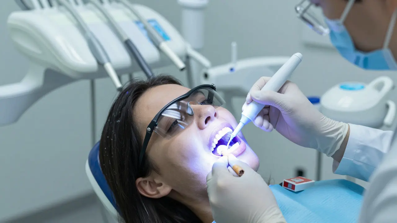 Stomatolog aplikuje profesionální bělící gel na zuby pacienta v klinice.