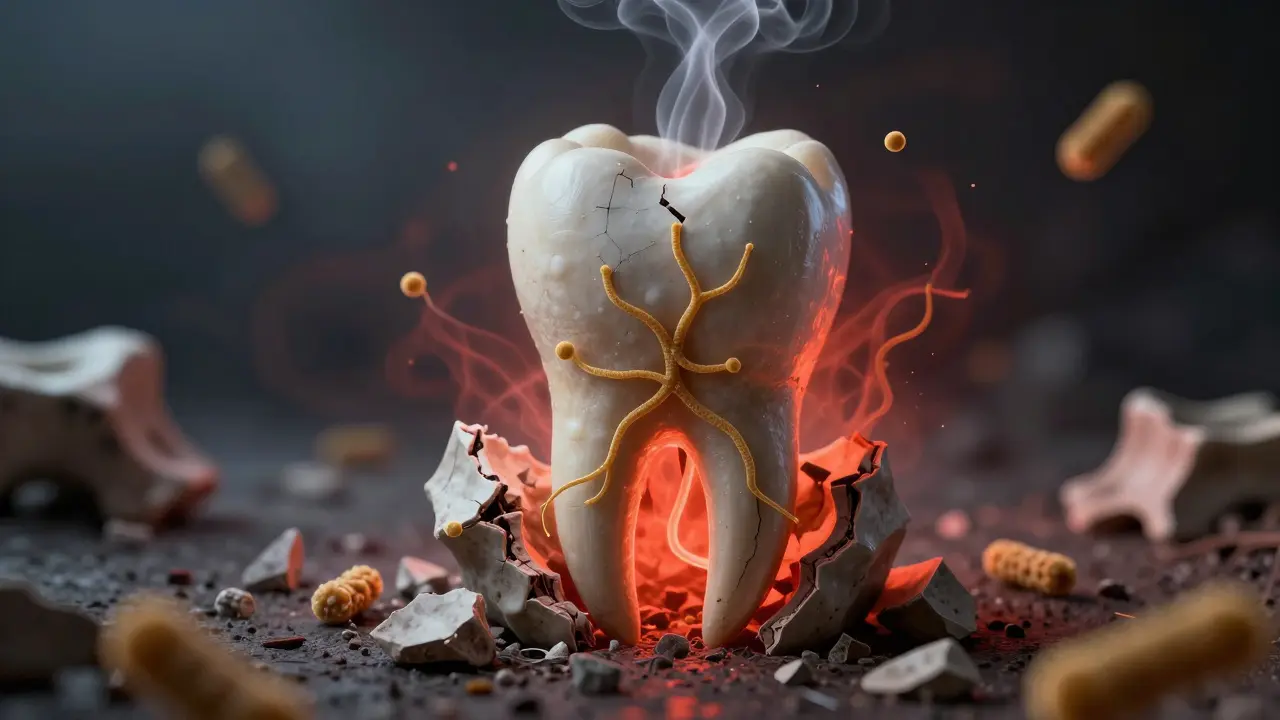 Symbolický obraz zubu v rozevírající se čelisti s infekcí šířící se do těla.