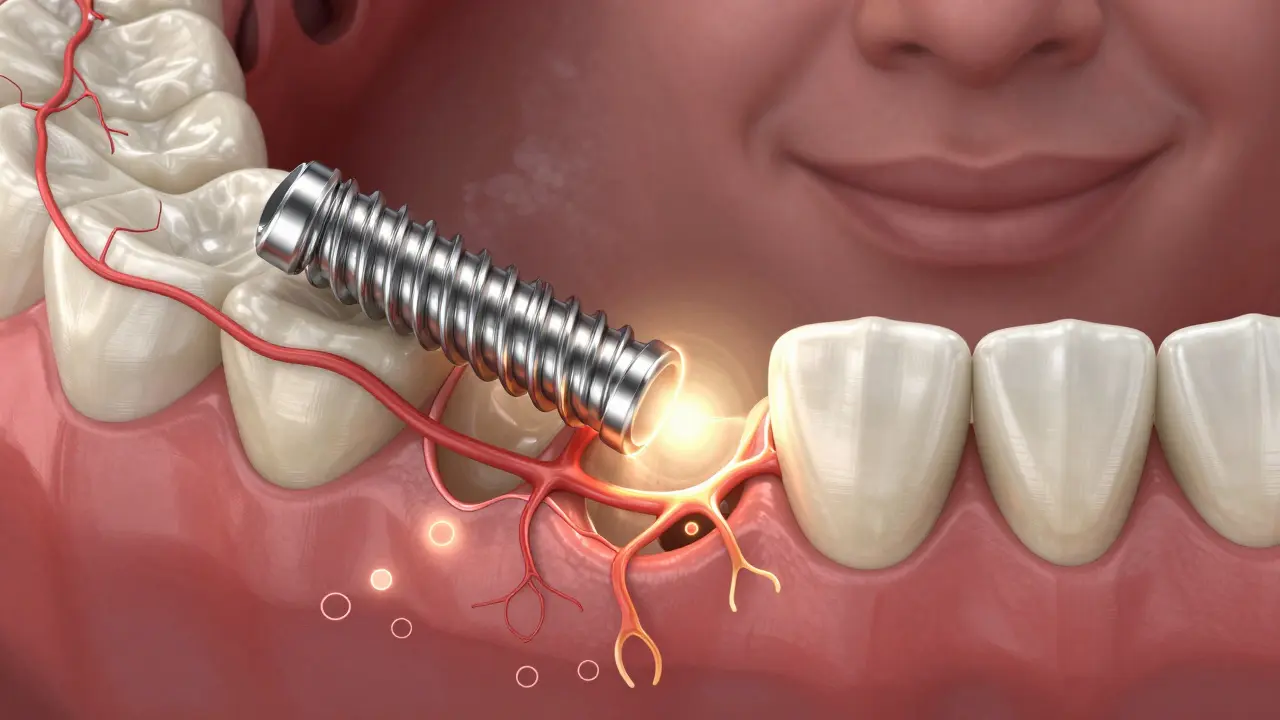 Titanium implant integrating with jawbone, symbolizing healing and long-term dental health.