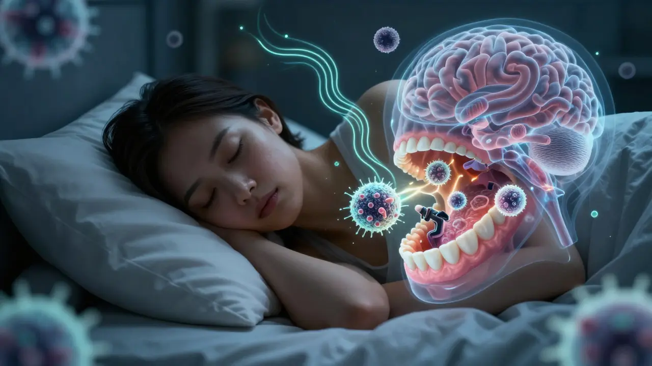 Vnitřní boj mezi bakteriemi a imunitními buňkami v ústech během spánku
