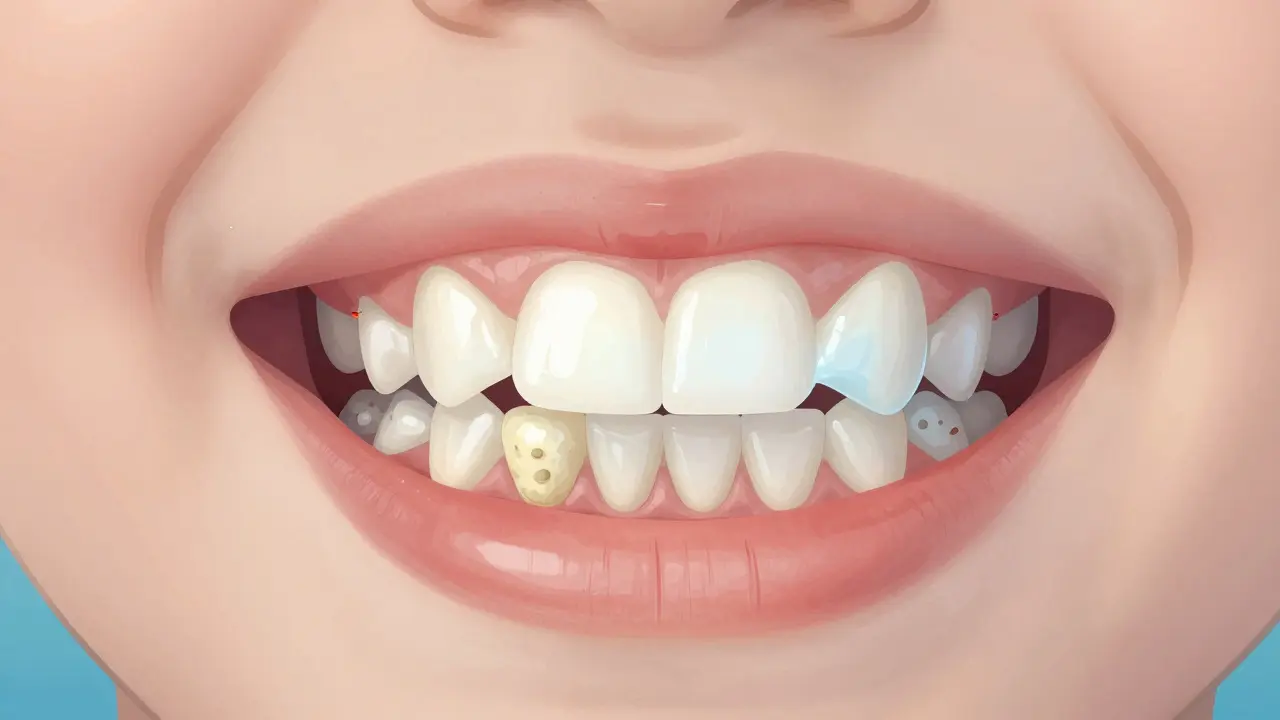 Vnitřní pohled na dětské zuby s nánosy plaku a fluoridovou ochrannou vrstvou.