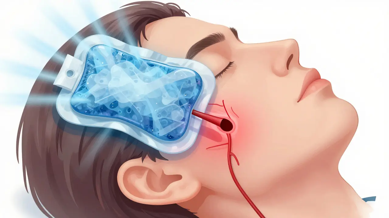 Vnitřní zobrazení zúžených krevních cév pod chladicím obkladem po extrakci.