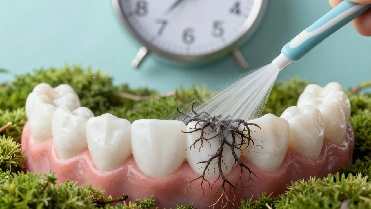 Zdravé ústní prostředí jako zahrada s odstraněným zubním kamenem.