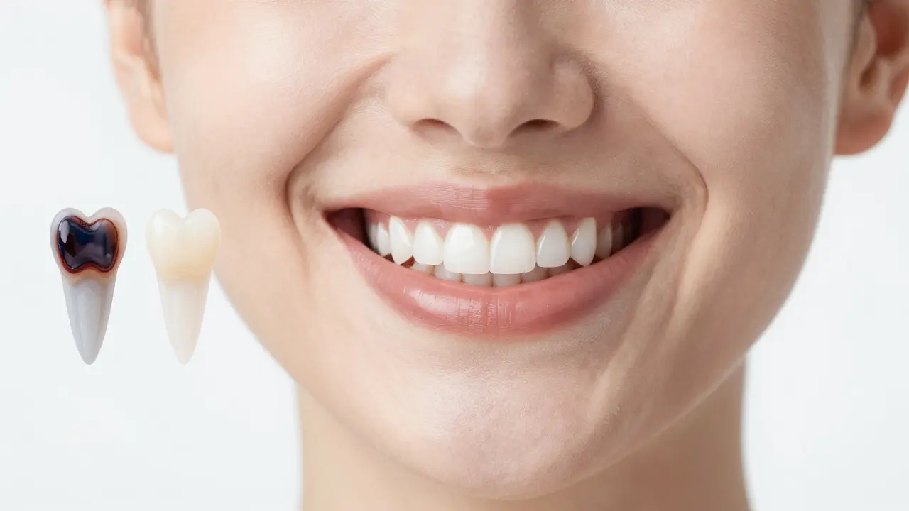 Žena se smíchem s přirozeně vypadající bílou zubní výplní.